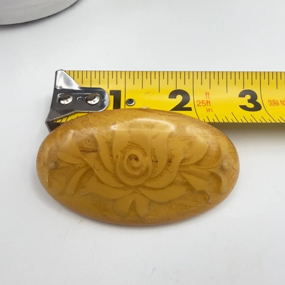 Vintage Barrette MCM Butterscotch Amber Reverse Carved Rose Floral Hair Clip